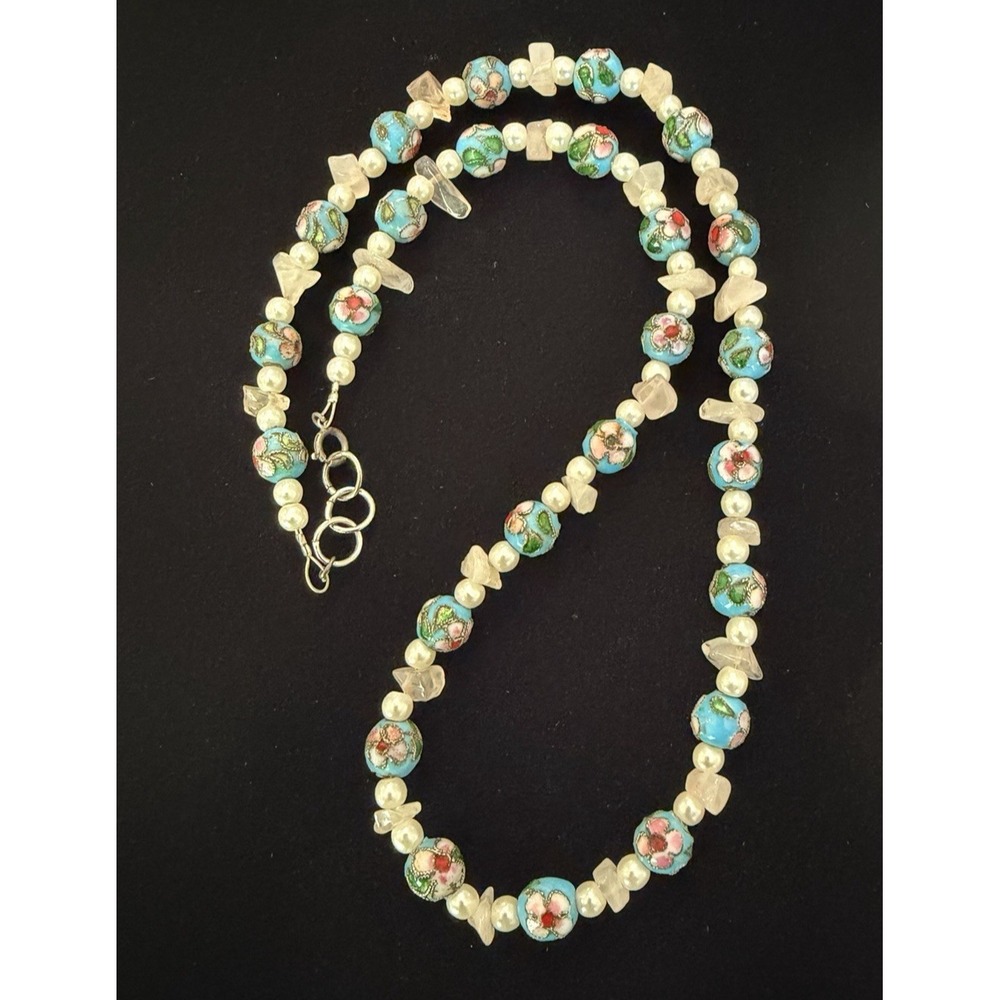 Vintage Cloisonné Bead Necklace Pearl Rose Quartz Floral Blue Pink 18"